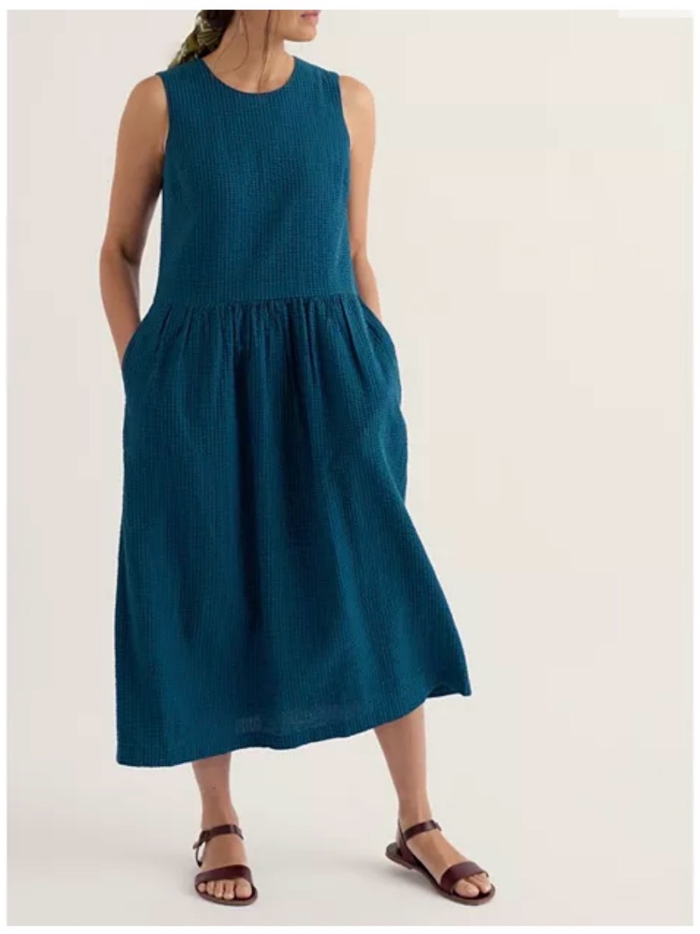 Brand New Seasalt Cornwall Sleeveless Teal Gingham Midi Dress with Gathered Skir